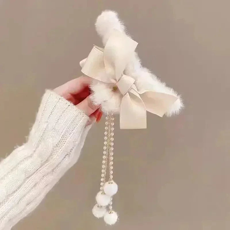 Pinces à cheveux tendance avec nœud et pompon, style coréen, queue de cheval, en peluche, griffe de requin, pour filles, cadeau d'automne et d'hiver