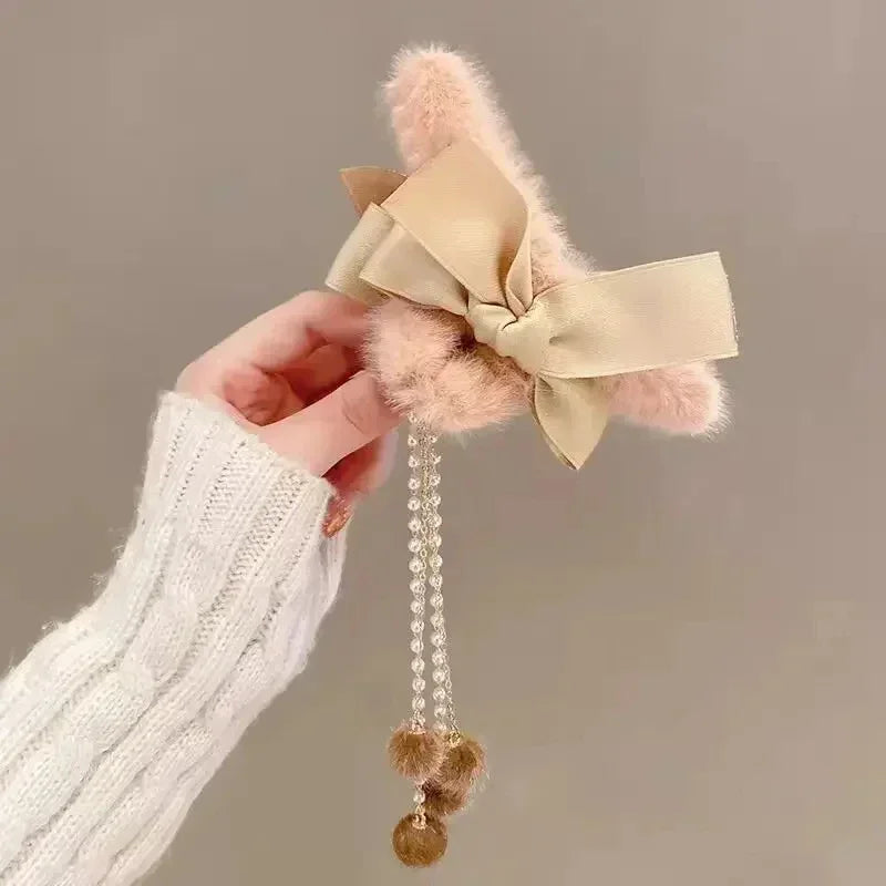 Pinces à cheveux tendance avec nœud et pompon, style coréen, queue de cheval, en peluche, griffe de requin, pour filles, cadeau d'automne et d'hiver
