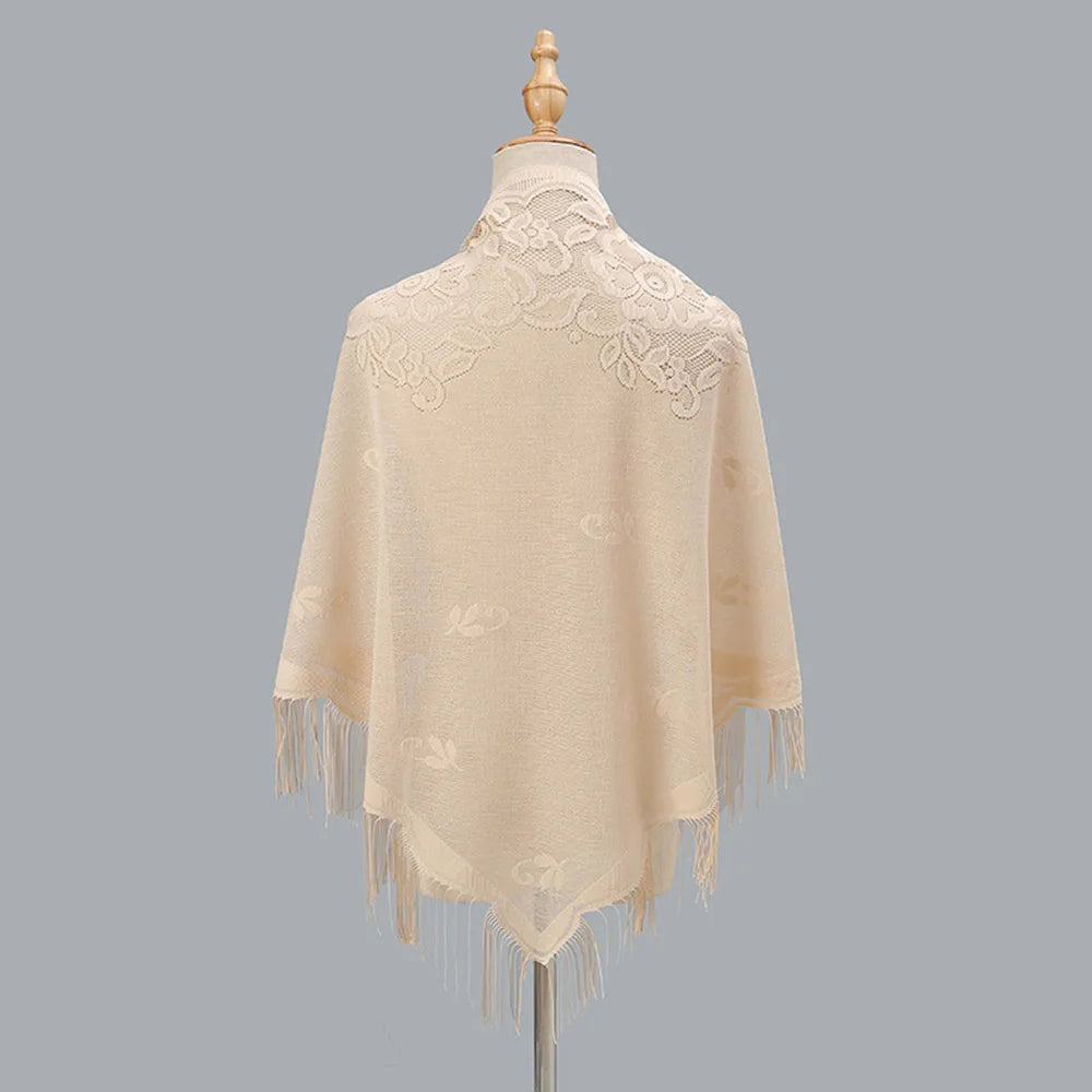 Foulard triangulaire en dentelle pour femme, transparent, ajouré, respirant, longue frange, hijab musulman, couleur unie, robe de soirée, châle