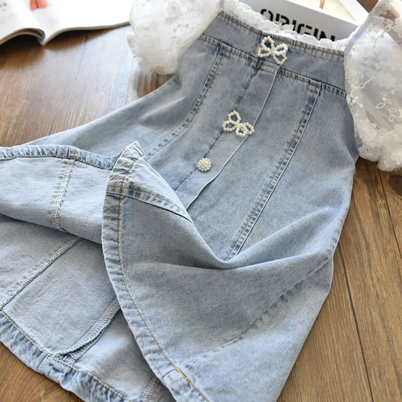 Children Girls Beads Lace Sleeve Denim Dress Toddler Fashion Summer Dresses