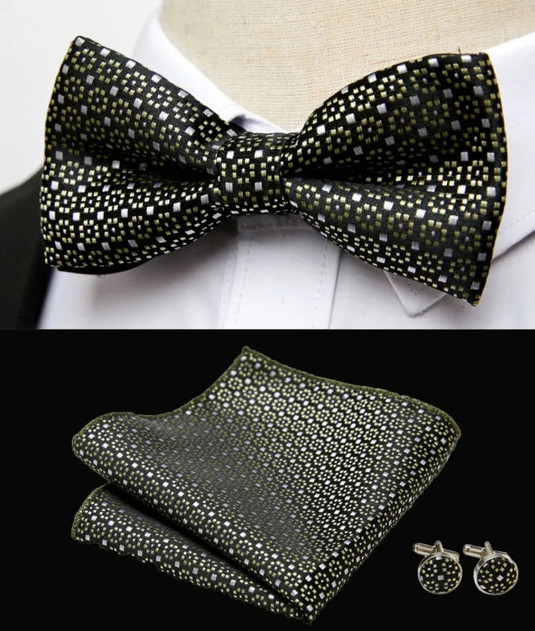 HUISHI Classic Blue Bowties For Men Paisley Floral Bow Tie Pocket Square Cufflinks Suit Set Wedding Party Plaid Solid Butterfly