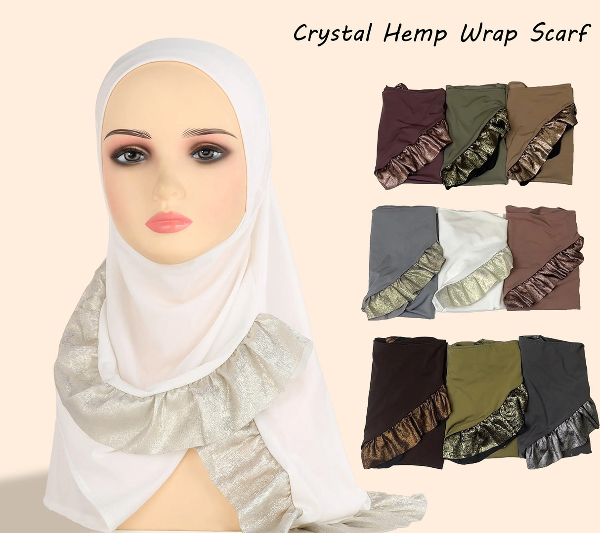 Crystal Hemp Wrap Scarf Hijab Ruffled Lace Right Split Solid Colour Women's Pullover Hijab 9 Colour Scarf Chiffon Hijab Scarf