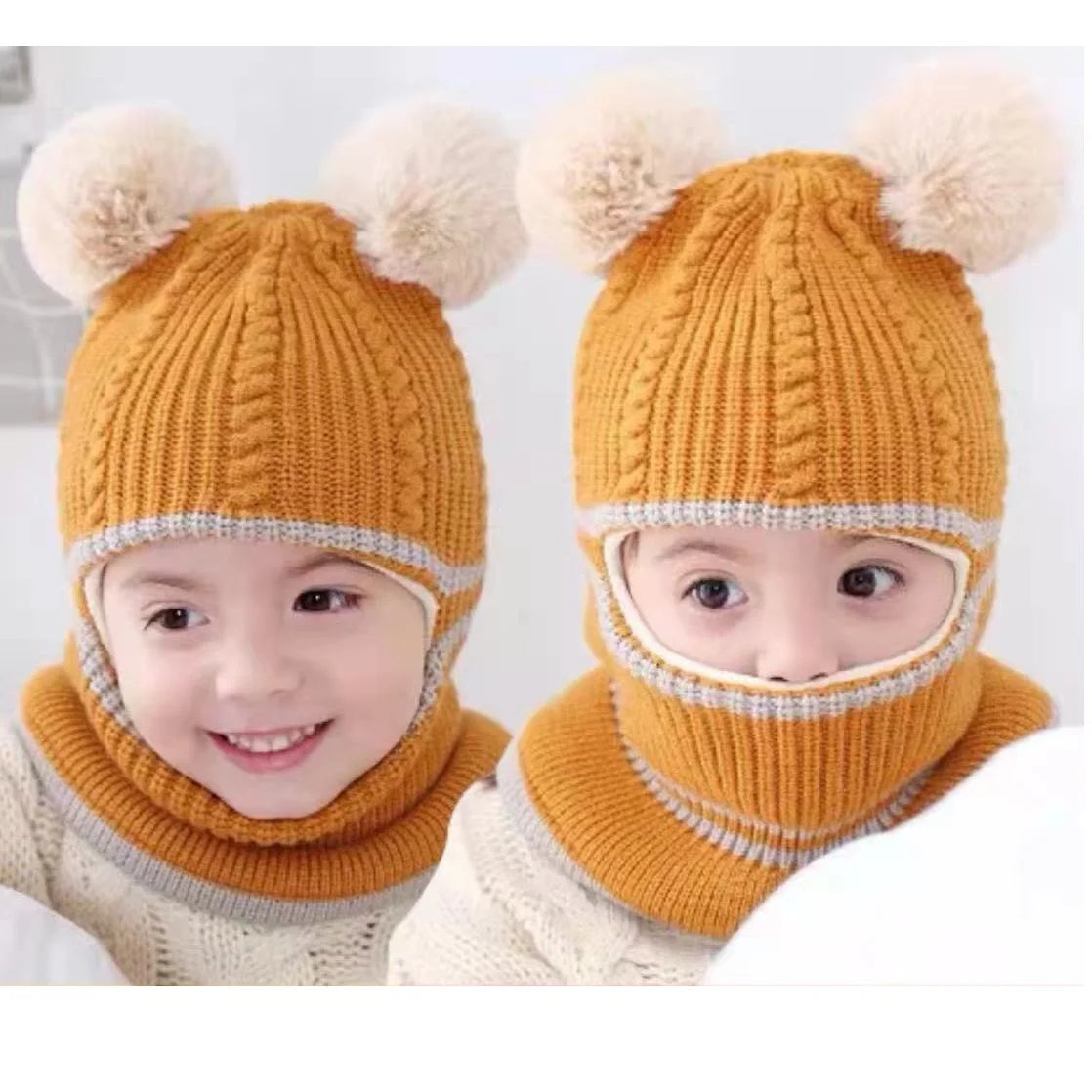2-4year kid's knitted hat winter warm woolen hat mask scarf one-piece