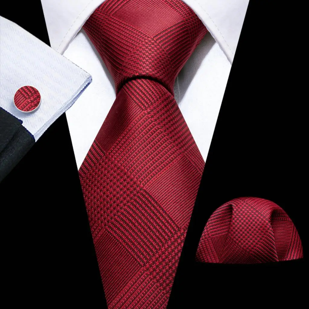 Barry.Wang Ensemble cravate et boutons de manchette en soie pour homme, motif jacquard, rouge, bordeaux, rose, pour mariage, affaires, fête