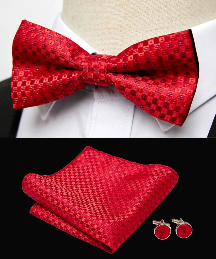 HUISHI Classic Blue Bowties For Men Paisley Floral Bow Tie Pocket Square Cufflinks Suit Set Wedding Party Plaid Solid Butterfly