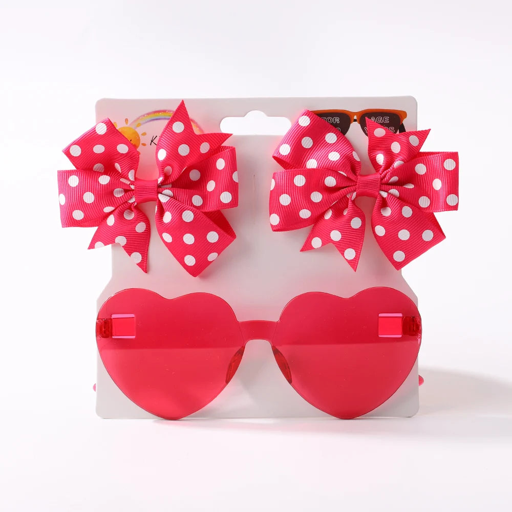 3Pcs/set Cute Solid Kids Dot Hairpin Colorful Heart Sun Glasses Set Girls Boutique Bowknot Hair Clips Children Hair Accessories
