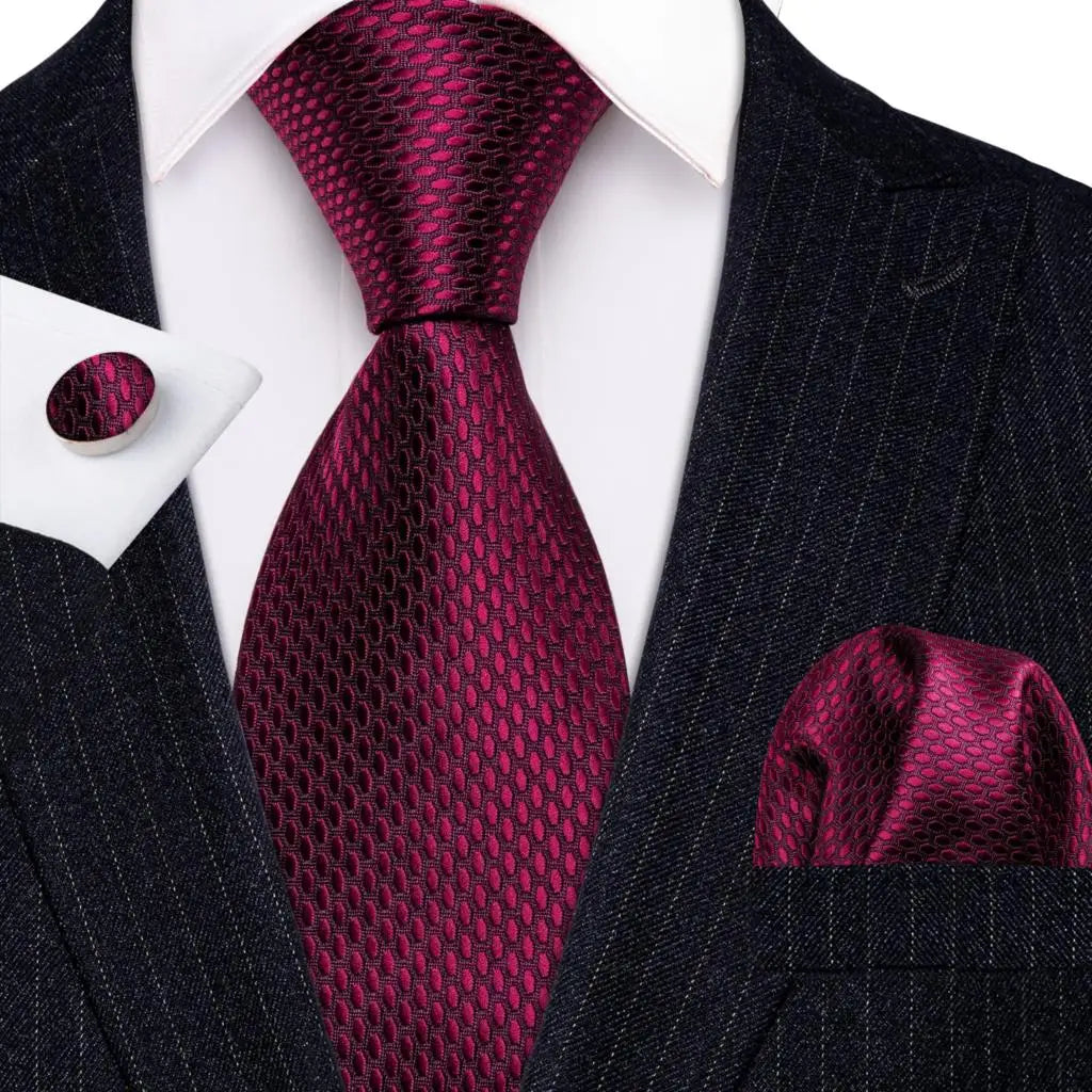 Barry.Wang Ensemble cravate et boutons de manchette en soie pour homme, motif jacquard, rouge, bordeaux, rose, pour mariage, affaires, fête
