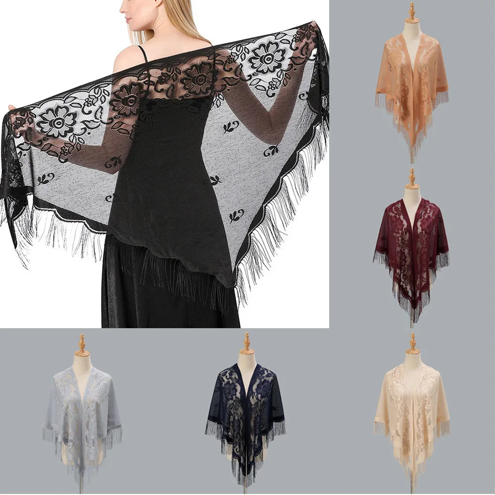Foulard triangulaire en dentelle pour femme, transparent, ajouré, respirant, longue frange, hijab musulman, couleur unie, robe de soirée, châle