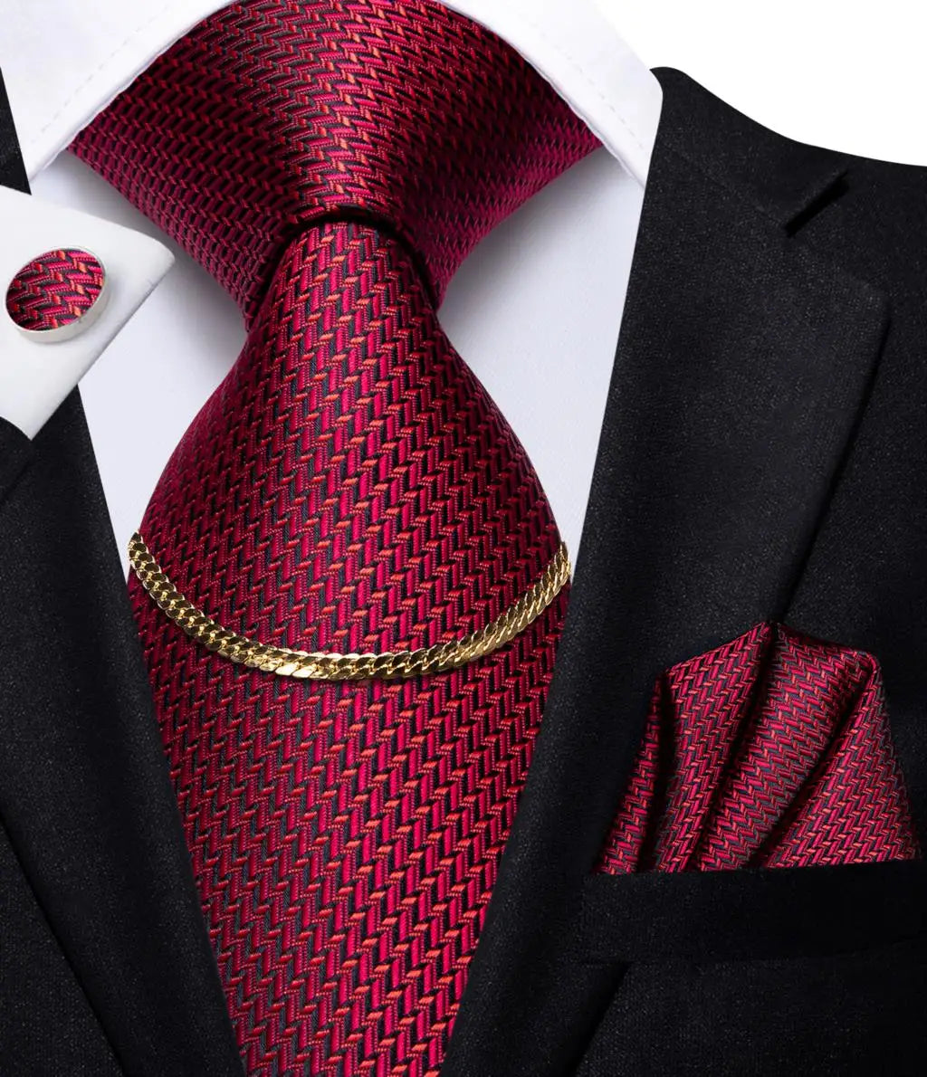 Hi-Tie Business Black Luxury Plaid Mens Tie Silk Neckties Fashion Tie Chain Hanky Cufflinks Set Design Gift For Men Wedding