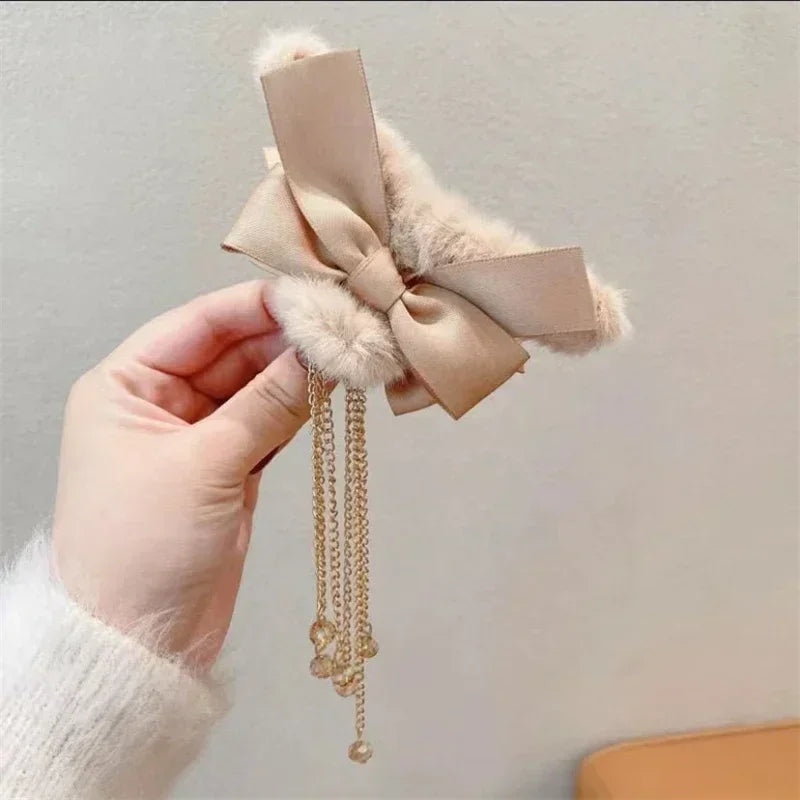 Pinces à cheveux tendance avec nœud et pompon, style coréen, queue de cheval, en peluche, griffe de requin, pour filles, cadeau d'automne et d'hiver