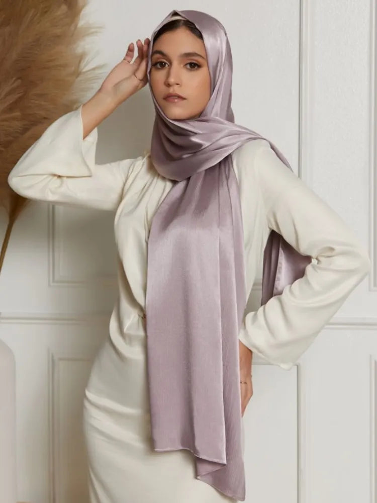 Plissierter, zerknitterter Satin-Hijab-Schal, Medina-Seidenschals, einfarbige Tücher, Stirnband, Schal, Wickeltuch, muslimische Frauen, Schleier, Turban, Hijabs