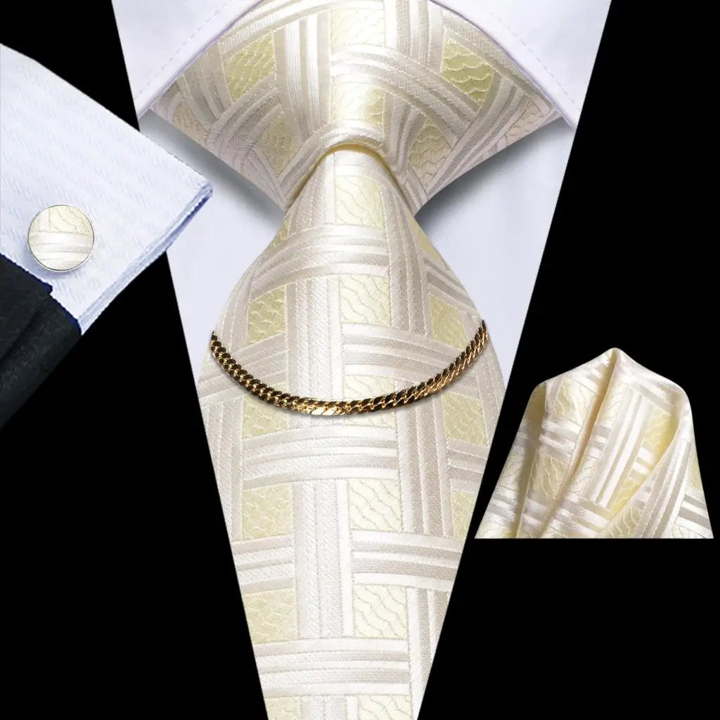 Hi-Tie Business Black Luxury Plaid Mens Tie Silk Neckties Fashion Tie Chain Hanky Cufflinks Set Design Gift For Men Wedding