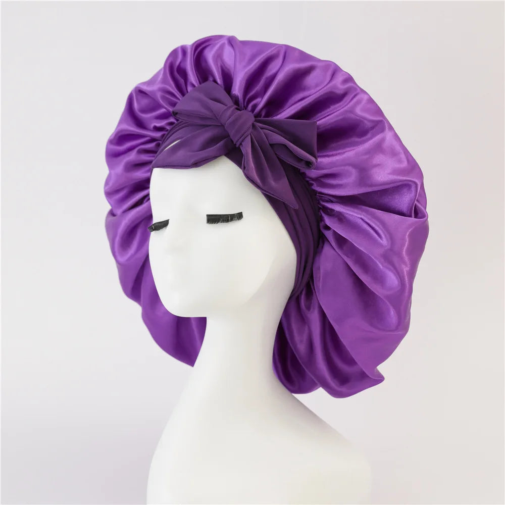 Bonnet de nuit en satin pour femme, large bande solide, extensible, avec nœud, bonnet soyeux, bonnet de nuit, soins capillaires, couvre-tête de douche
