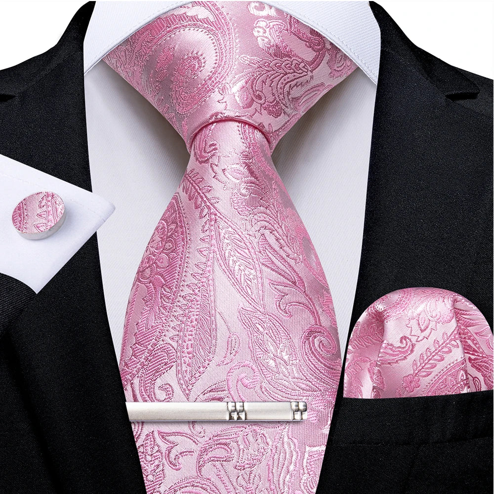 Ensemble cravate homme en soie à rayures roses, motif floral, motif cachemire uni, 8 cm, mouchoir, boutons de manchette, accessoires de mariage, de bal, cravate
