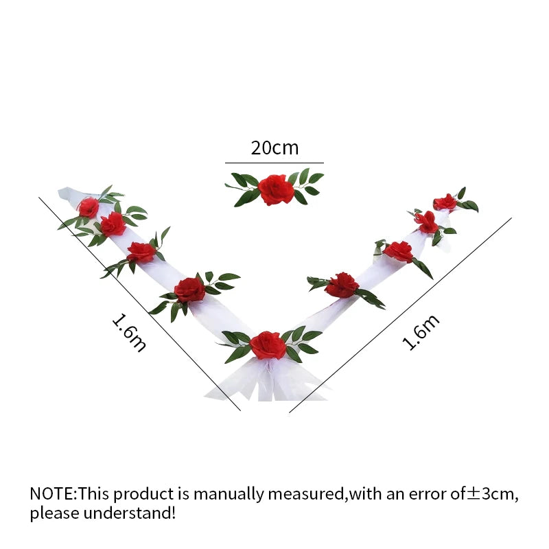 YOMDID DIY Artificial Flower Wedding Car Bridal Car Decoration Door Handle Ribbons Silk Corner Flower Galand With Tulle Set