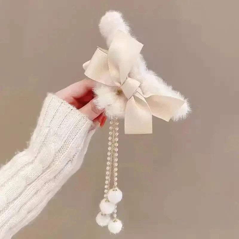 Pinces à cheveux tendance avec nœud et pompon, style coréen, queue de cheval, en peluche, griffe de requin, pour filles, cadeau d'automne et d'hiver