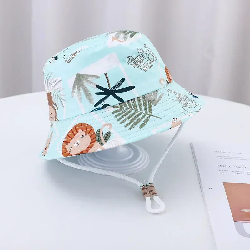 1-5 Years Cartoon Printing Baby Bucket Hat Cotton Breathable Kids Fisherman Hat Infant Toddle Sun Hat with Drawstring Baby Cap