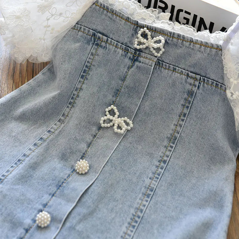 Children Girls Beads Lace Sleeve Denim Dress Toddler Fashion Summer Dresses