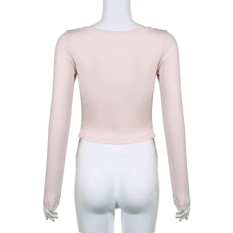 Sweet Contrast Ribbons Lace-up Bow Cropped Top Pink Coquette Aesthetic Slim Folds V-neck Knitted T-shirts Fall Cute Tee