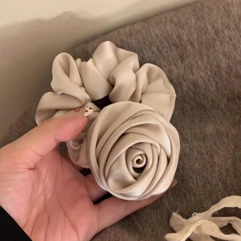 SIMPLEJEWEL™Handmade Rose Flower Elastics Hair Scrunchies, Ties Satin Scrunchies Hair Band Ponytail Holder Band Scrunchies Ring