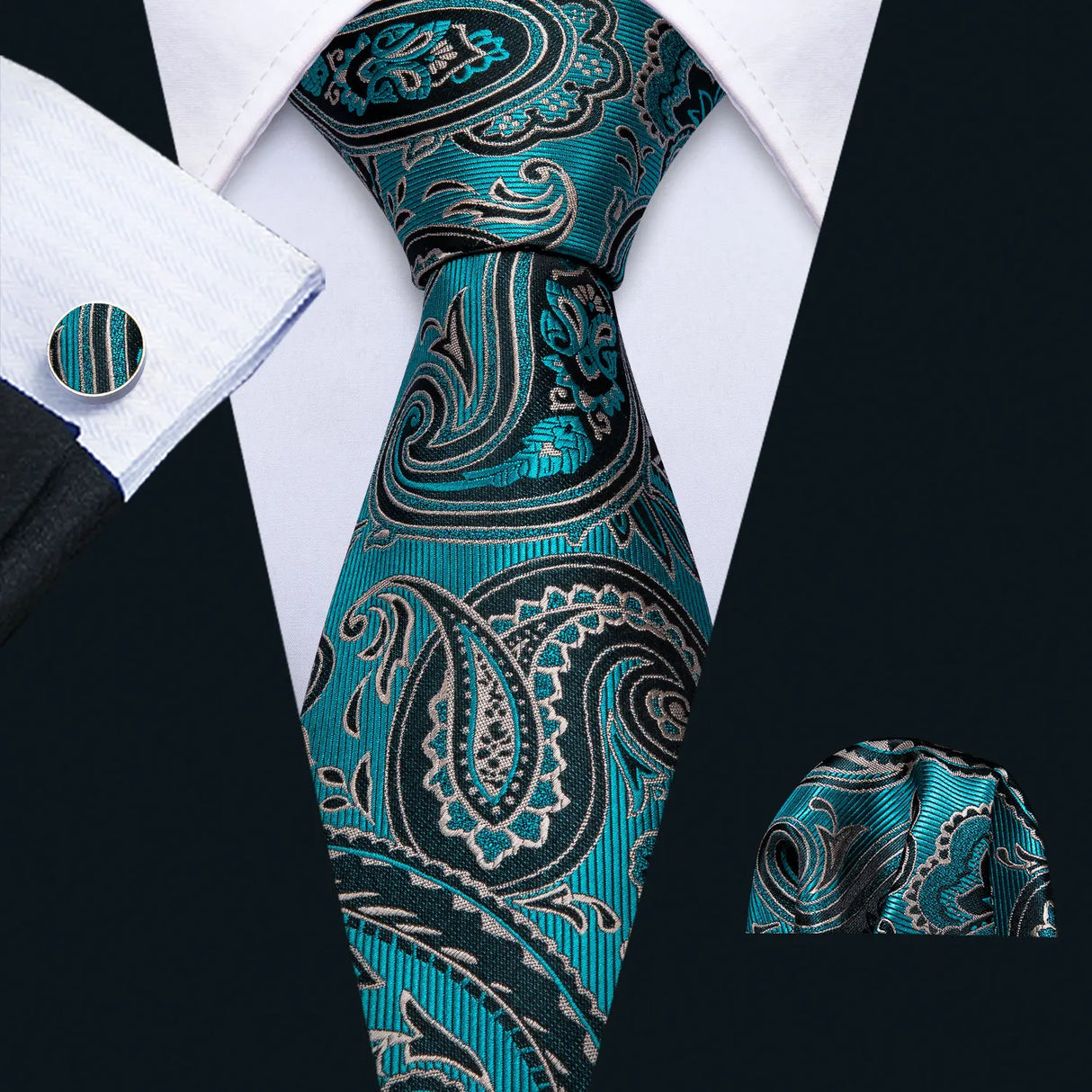Cravate fantaisie en soie bleu sarcelle pour homme, marque de luxe solide, pochette, boutons de manchette, ensemble de cravates de haute qualité pour fête de mariage Barry.Wang