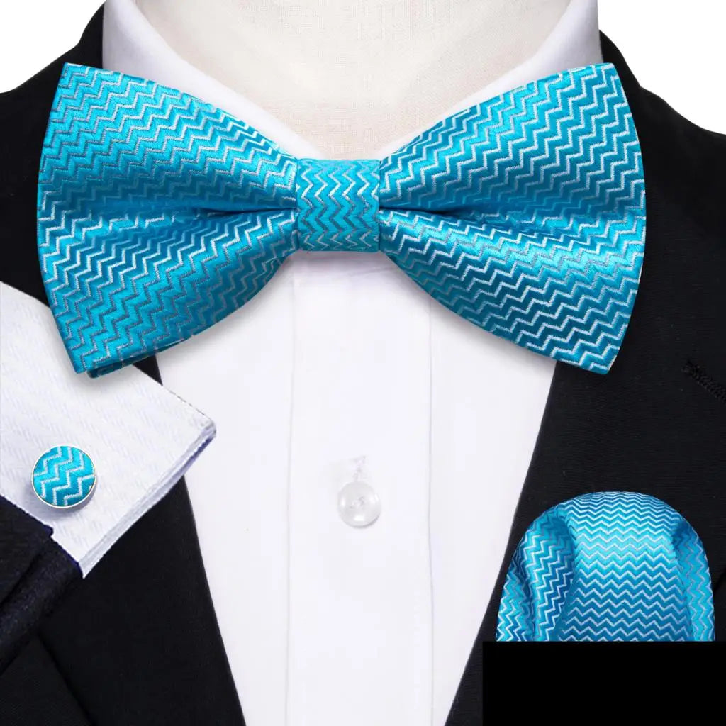 Barry.Wang Nœud papillon en soie bleu marine royal bleu ciel pour homme, ensemble de boutons de manchette, mouchoir, motif cachemire jacquard, motif floral, pour mariage et affaires