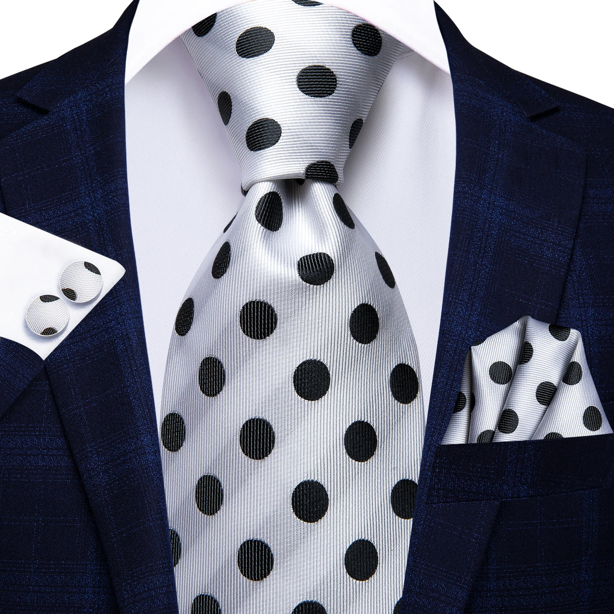 Cravate Hi-Tie blanche et noire à rayures pour homme, couleur unie, en soie, pour mariage, mouchoir, boutons de manchette, créateur de mode, livraison directe