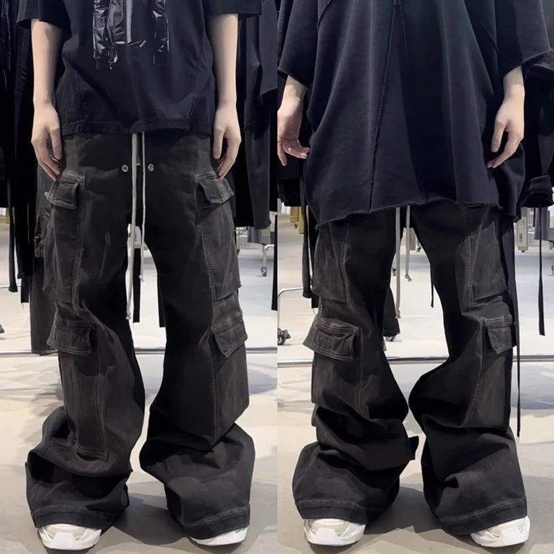 RO Style Ribbons Weites Bein Mehrere Taschen Rauchgraue Baggy-Jeans für Herren Gerade Pantalones Hombre Denim-Hose mit Kordelzug