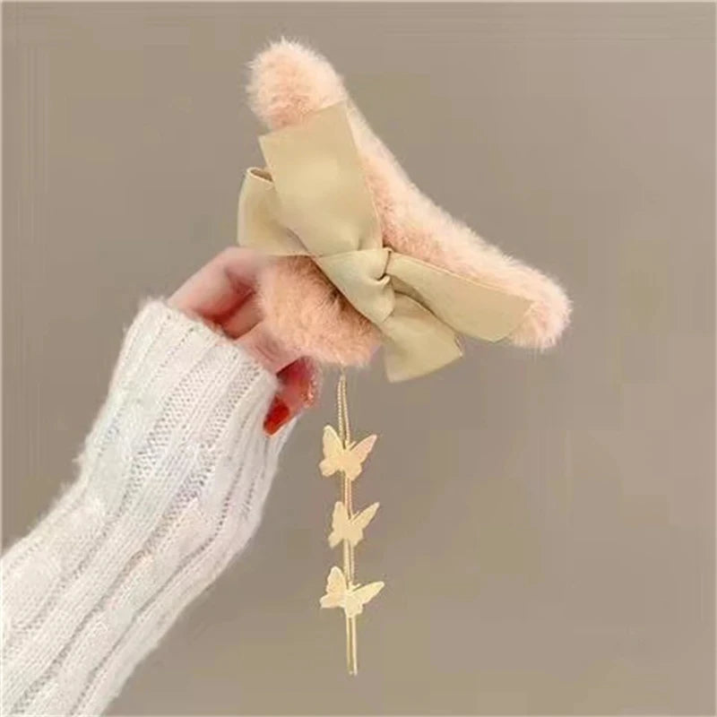 Pinces à cheveux tendance avec nœud et pompon, style coréen, queue de cheval, en peluche, griffe de requin, pour filles, cadeau d'automne et d'hiver
