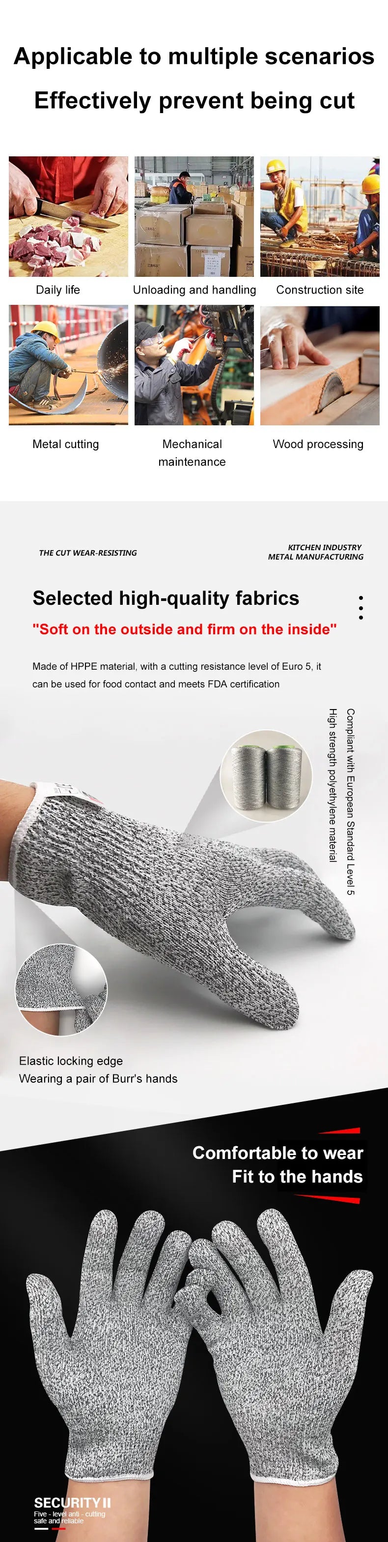 Guantes de trabajo de seguridad anticortes, color gris y negro, nivel 5, protección para cortar vidrio.
