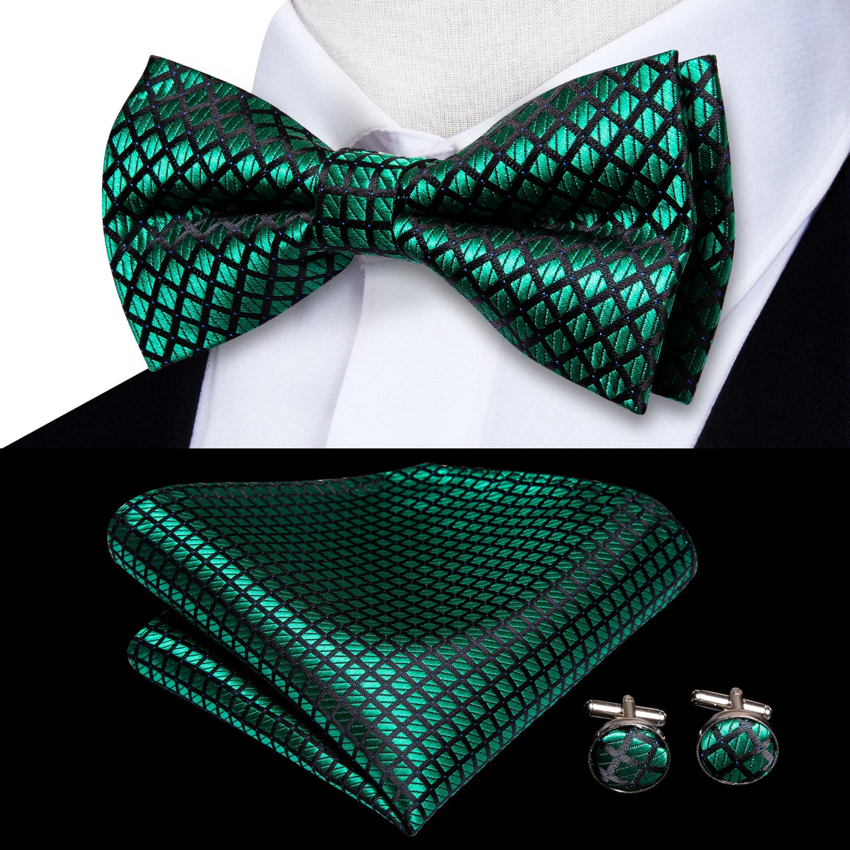 Hi-Tie Jacquard Silk Nœud papillon pour homme, ensemble de boutons de manchette et mouchoir, nœud papillon pré-noué, noir, blanc, gris, bleu, rouge, vert, rose, violet