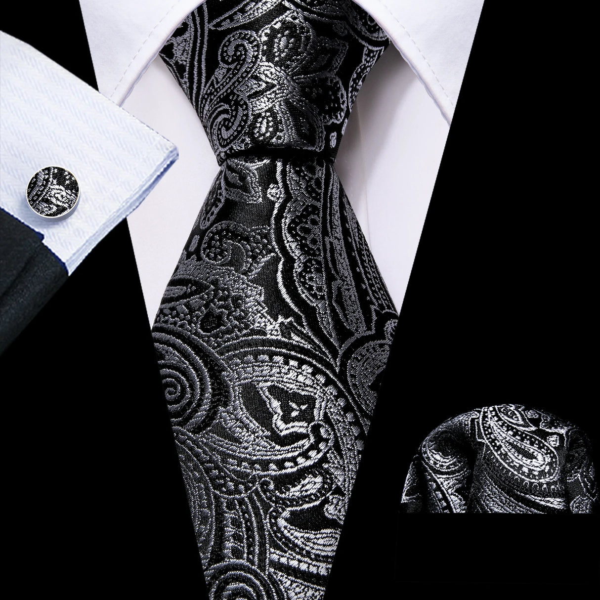 Cravates en soie noire pour hommes, classiques, solides, tissées de haute qualité, avec pochette et boutons de manchette, pour soirées formelles, design Barry.Wang
