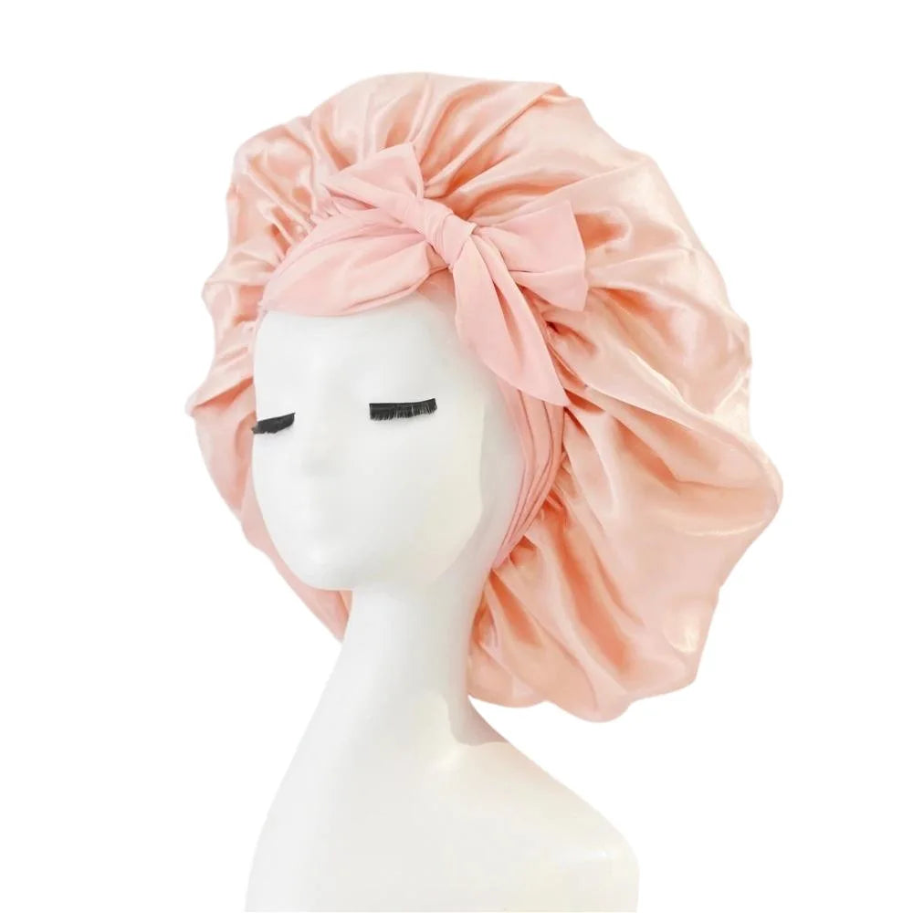 Bonnet de nuit en satin pour femme, large bande solide, extensible, avec nœud, bonnet soyeux, bonnet de nuit, soins capillaires, couvre-tête de douche