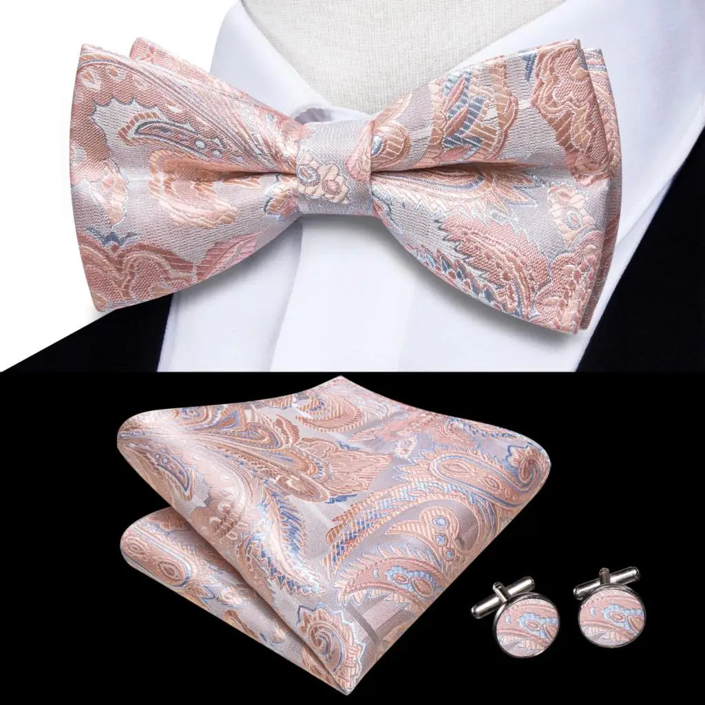 Hi-Tie Nœud papillon rayé noir et rouge pour homme, mouchoir, boutons de manchette, en soie pré-nouée, pour soirée d'affaires masculine, vente en gros