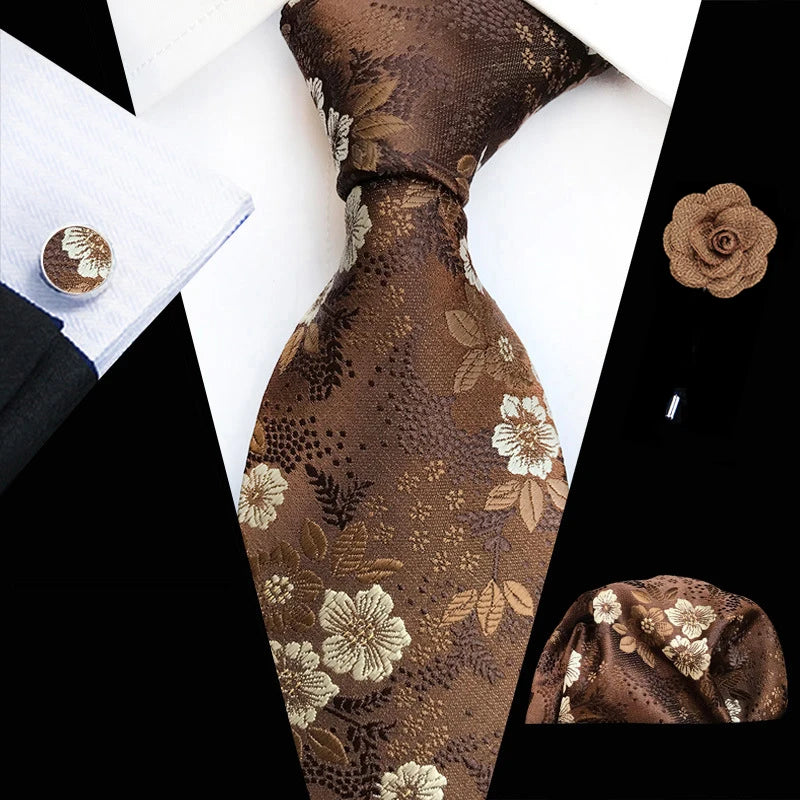 Ensemble de cravates en soie rose floral pour hommes, ensemble de cravates de fête de mariage, mouchoir, broche, boutons de manchette, accessoires pour hommes de haute qualité Gravata