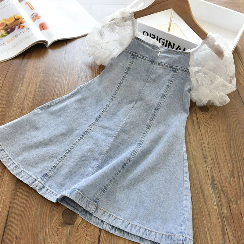 Children Girls Beads Lace Sleeve Denim Dress Toddler Fashion Summer Dresses