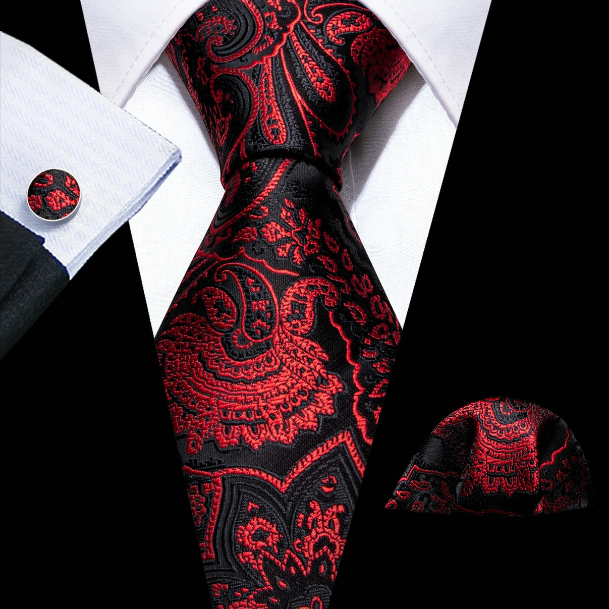 Cravate de mariage en soie rouge, tissée en jacquard, rayée, pour homme, ensemble cravate, mouchoir, boutons de manchette, Barry.Wang, créateur de mode FA-5028