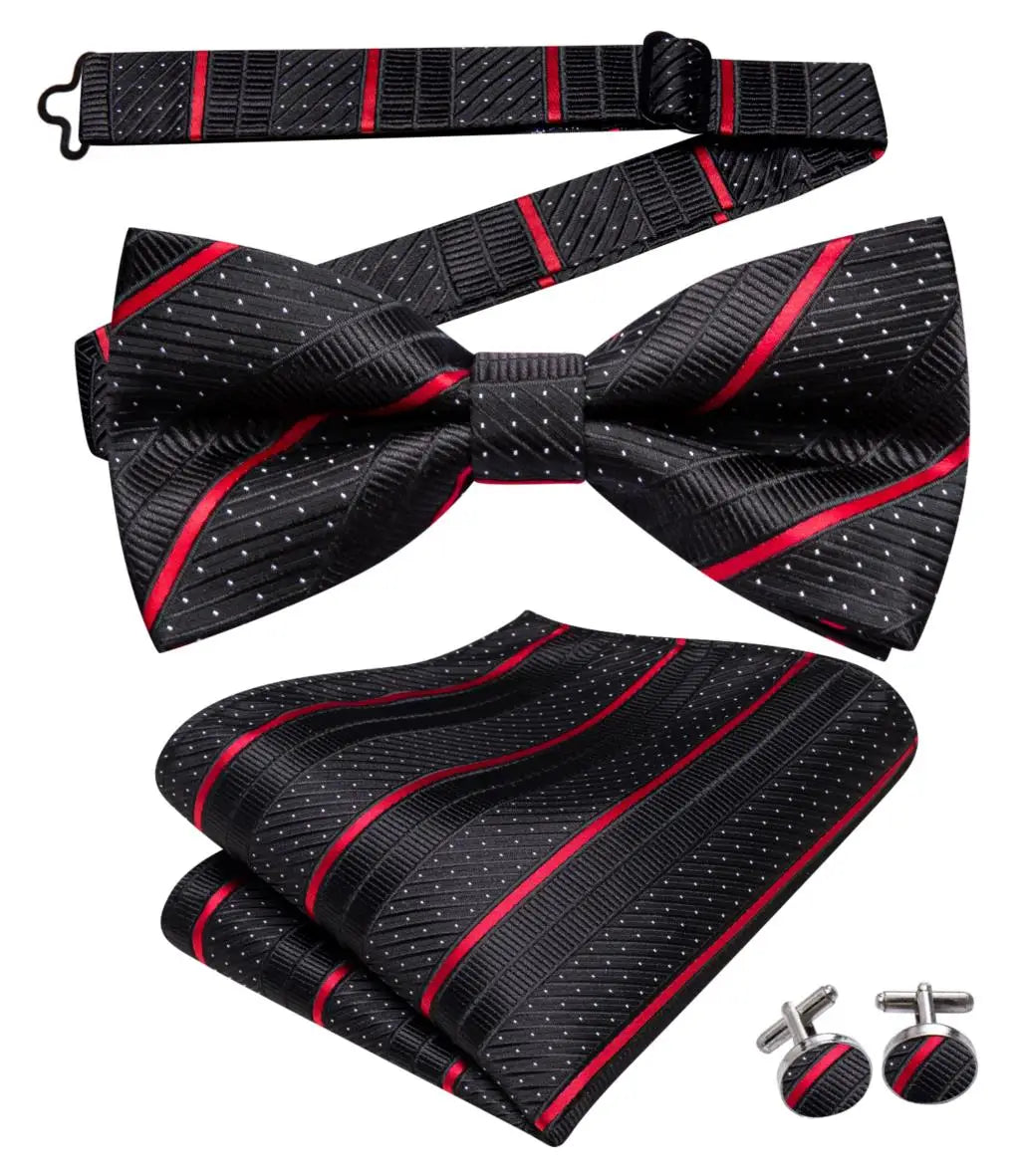 Hi-Tie Nœud papillon rayé noir et rouge pour homme, mouchoir, boutons de manchette, en soie pré-nouée, pour soirée d'affaires masculine, vente en gros