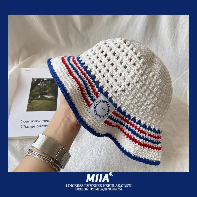 Spring and Summer Hand-knitted Wool Hollow Men Bucket Hat Outdoor Sunshade Breathable Soft Top Color Matching Women's Sun Cap
