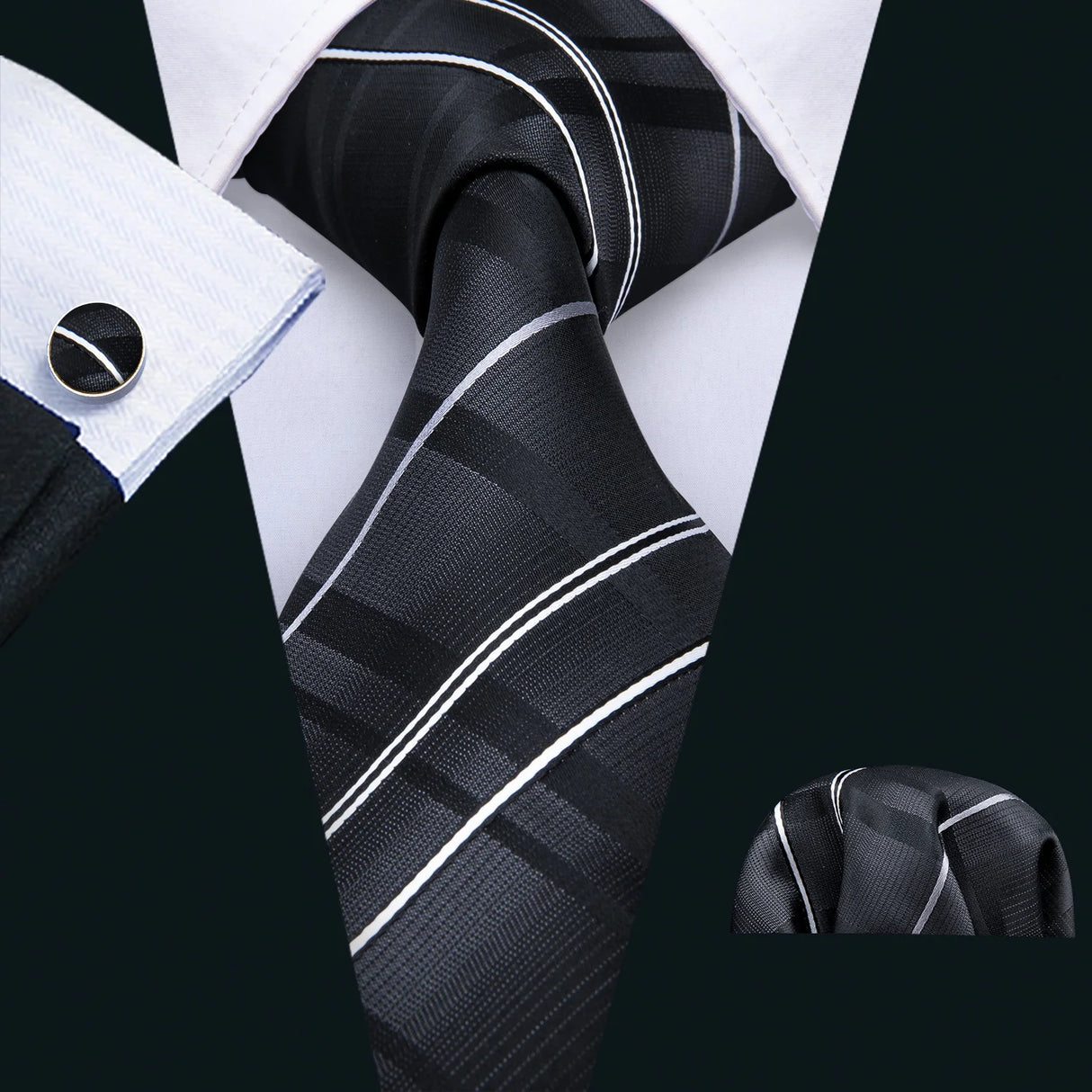 Cravates en soie noire pour hommes, classiques, solides, tissées de haute qualité, avec pochette et boutons de manchette, pour soirées formelles, design Barry.Wang