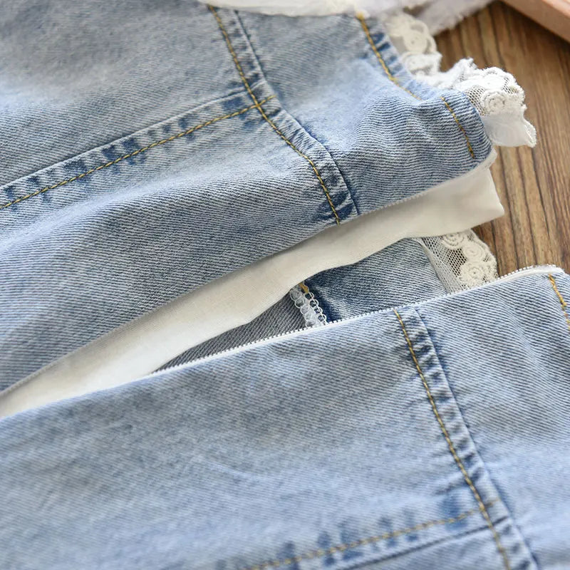 Children Girls Beads Lace Sleeve Denim Dress Toddler Fashion Summer Dresses