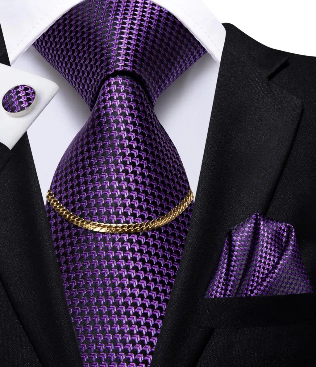 Hi-Tie Business Black Luxury Plaid Mens Tie Silk Neckties Fashion Tie Chain Hanky Cufflinks Set Design Gift For Men Wedding