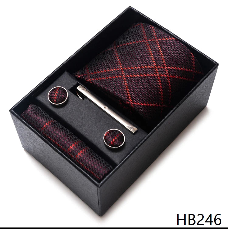 65 Colors Fashion Tie Handkerchief Set Tie Clip Necktie Box Man's Shirt Dark Red Accessories Men Wedding Holiday Gift