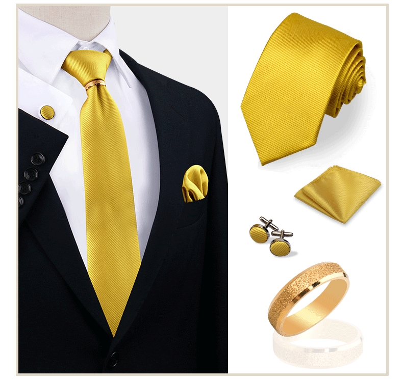 Ensemble de cravates en soie de luxe pour hommes, cravate, mouchoir, boutons de manchette avec anneau en métal doré, broche, costume, fête de mariage, accessoires pour hommes