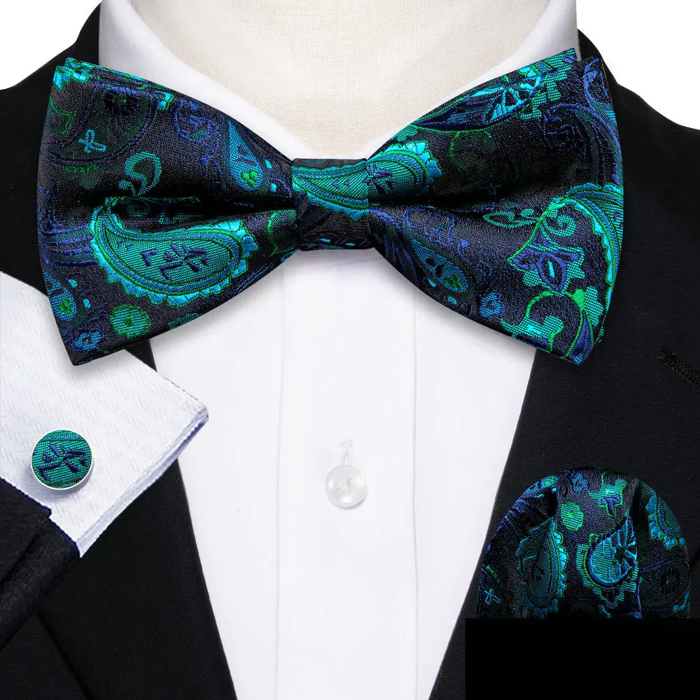 Barry.Wang Nœud papillon en soie bleu marine royal bleu ciel pour homme, ensemble de boutons de manchette, mouchoir, motif cachemire jacquard, motif floral, pour mariage et affaires