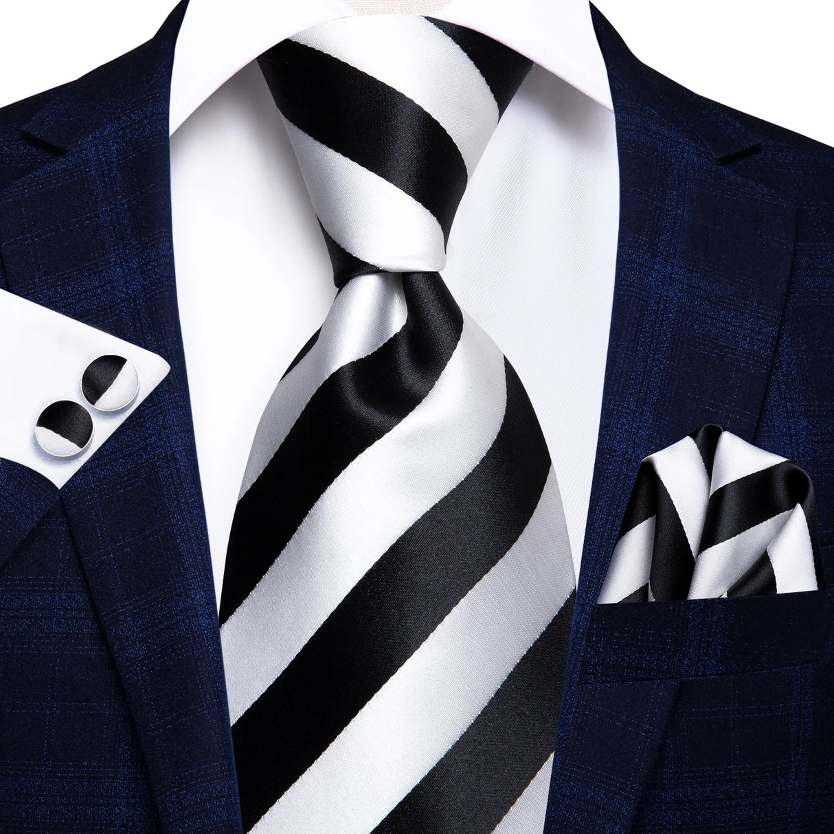 Cravate Hi-Tie blanche et noire à rayures pour homme, couleur unie, en soie, pour mariage, mouchoir, boutons de manchette, créateur de mode, livraison directe