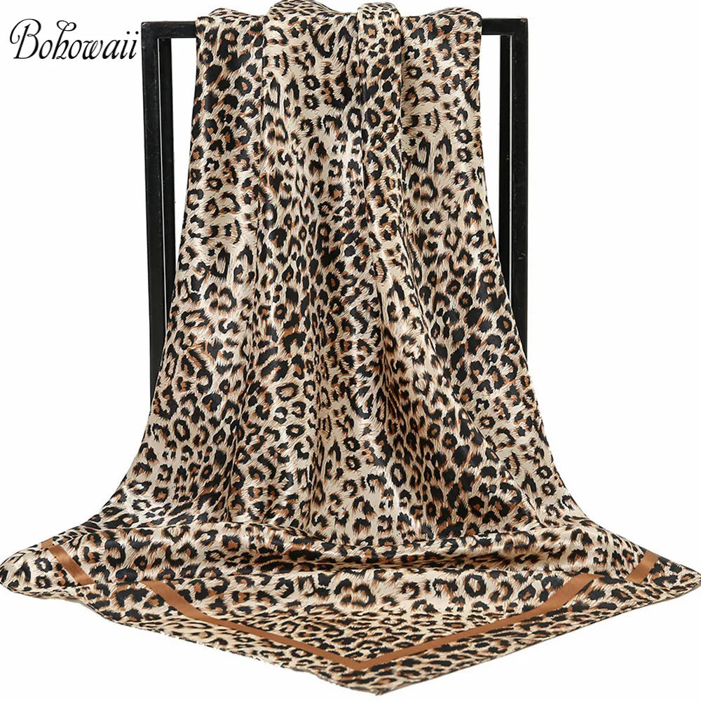 BOHOWAII Modischer Leopardenschal, Hijab-Schal, Seidengefühl, Haargummis, quadratische Satin-Turbane, Geparden-Tierdruck, Kopfwickelschals