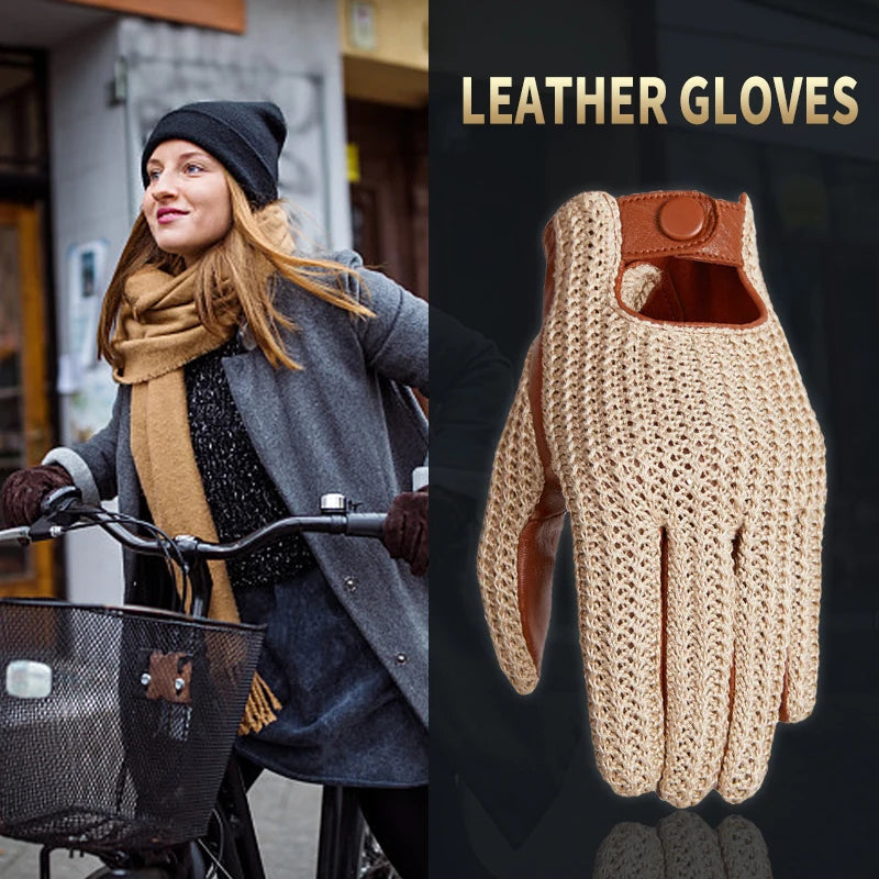 Autumn Winter Men's Wool Knitted Goatskin Touch Screen Gloves Locomotive mitten Car Driving Genuine Leather Motorcycle Gloves