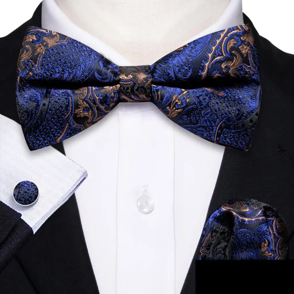 Barry.Wang Nœud papillon en soie bleu marine royal bleu ciel pour homme, ensemble de boutons de manchette, mouchoir, motif cachemire jacquard, motif floral, pour mariage et affaires
