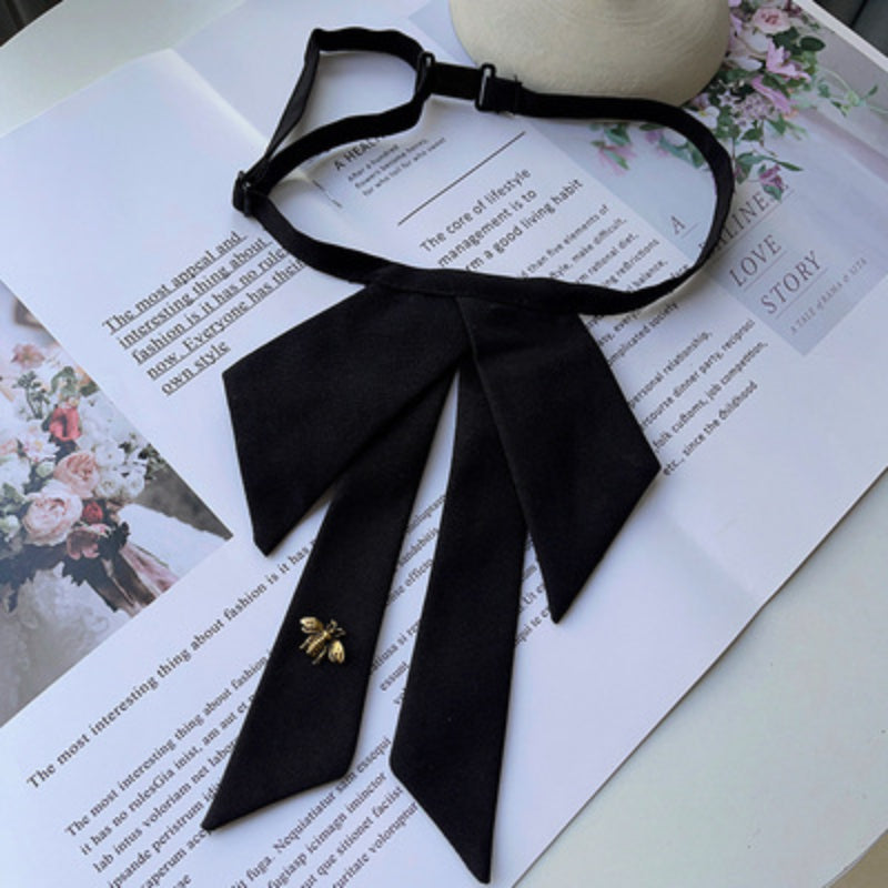 Nœud papillon en tissu noir style collège, motif abeille perlée, col de chemise décontracté, solide, cadeaux pour femmes, accessoires, vente en gros